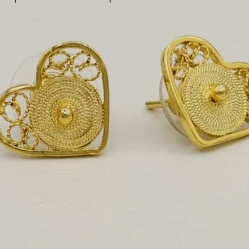 Gold-tone filigree earrings shaped as a heart with concentric spirals.