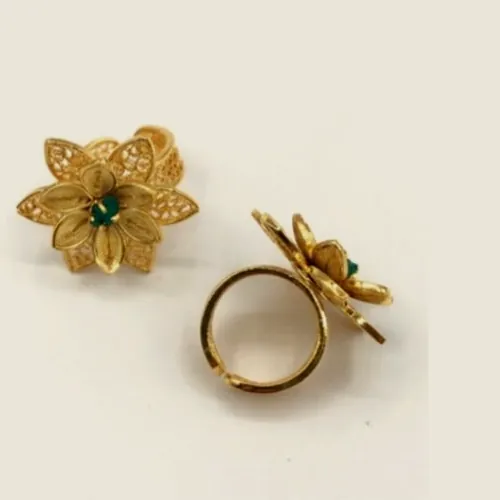 Gold-tone filigree flower ring with a raw emerald, seen from the front and in profile.