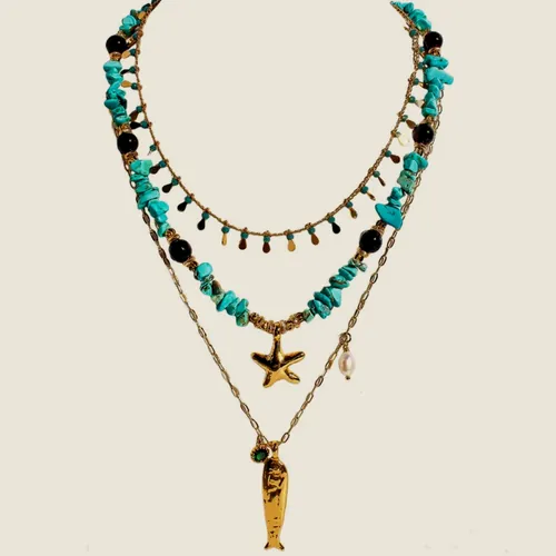 Three-strand necklace with turquoise and shell.