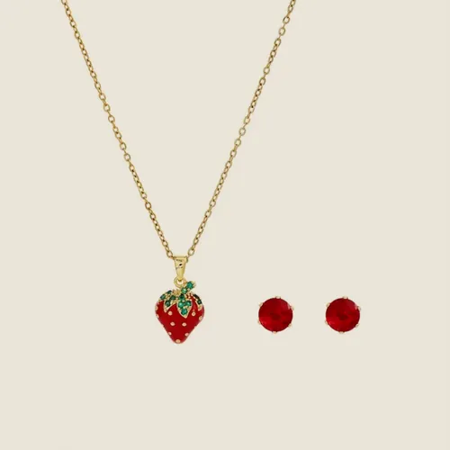 Red bead necklace with a strawberry.