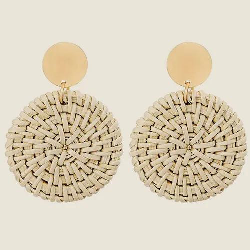 Spiral rattan disc earrings.