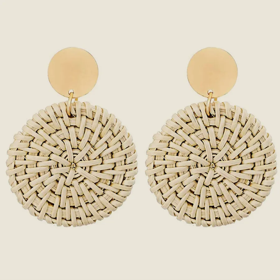 Spiral rattan disc earrings.