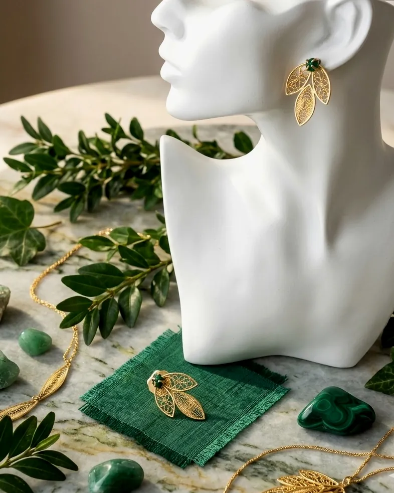 Gold leaf earrings on a white bust, surrounded by green stones and ivy leaves.