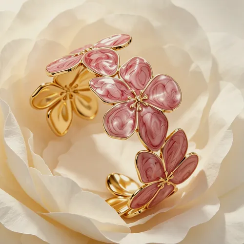 Open ring of pink enamel flowers over a rose.