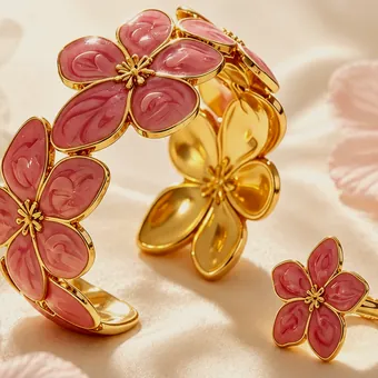 Open ring of pink enamel flowers over a rose.