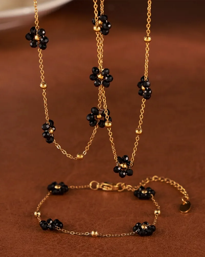 Black flower long necklace and bracelet set.