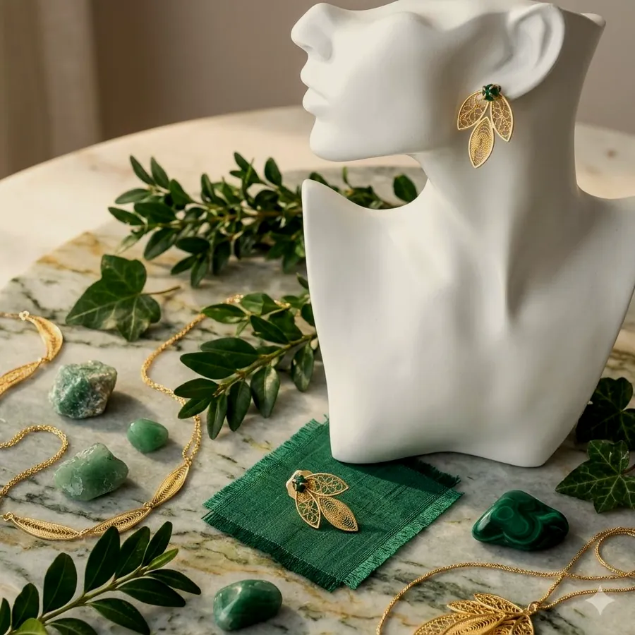Detail of the filigree leaf earrings among green leaves.
