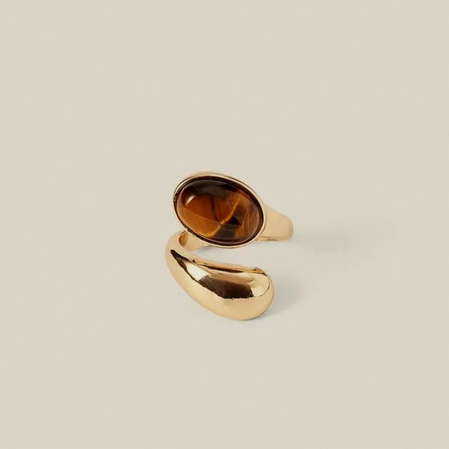 Wrap ring with tiger's eye in close-up.