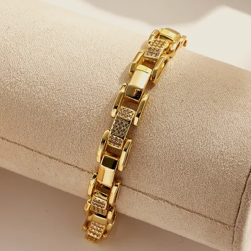 Link bracelet with cubic zirconia.
